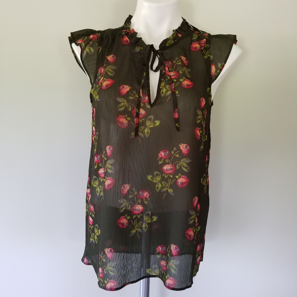 J Crew Point Sur Ruffle Sleeve Floral Green Top XS